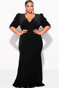 Final Sale Plus Size V-Neck Gown with Puffed Sleeves in Black Velvet