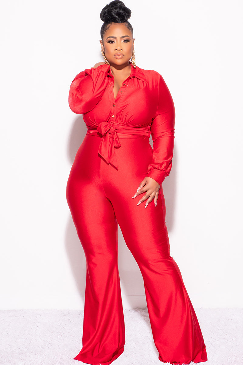 Final Sale Plus Size Shiny 2pc Collar Button Up Crop Tie Top and Bell Bottom Pants Set in Red