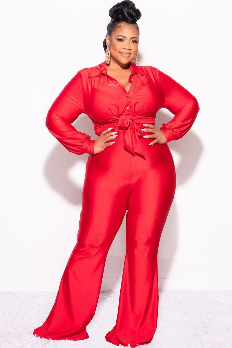 Final Sale Plus Size Shiny 2pc Collar Button Up Crop Tie Top and Bell Bottom Pants Set in Red