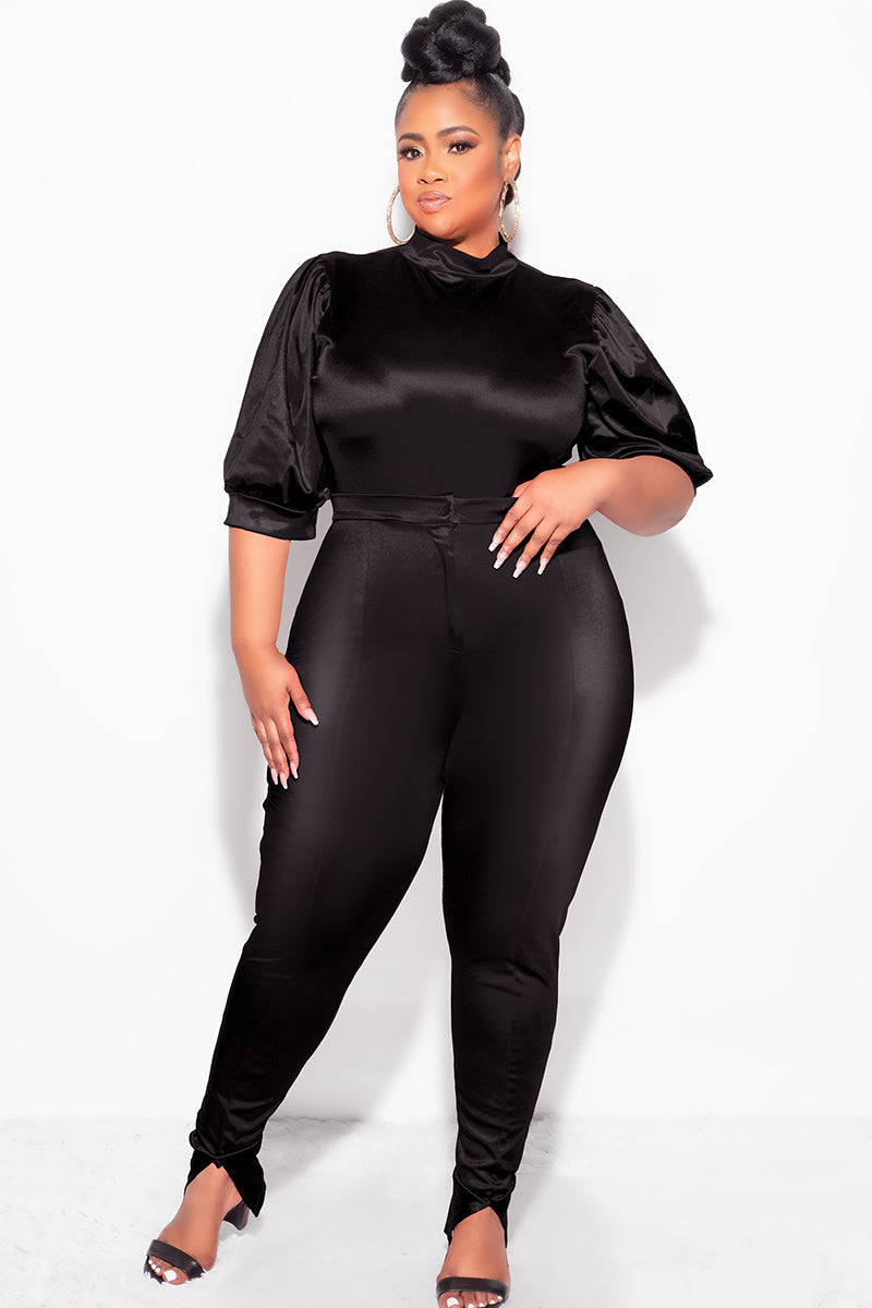 Final Sale Plus Size 2pc Satin Puffy Short Sleeve Bodysuit and Pants Set in Black