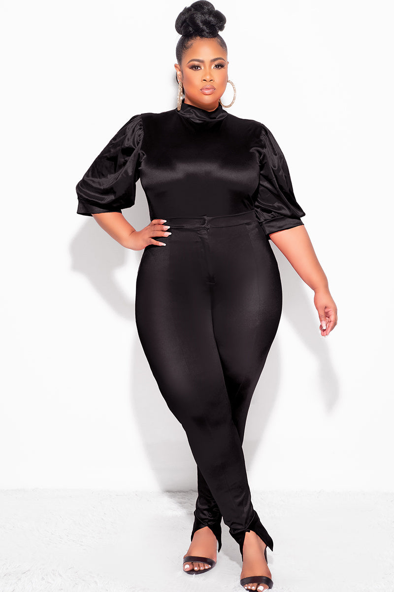 Final Sale Plus Size 2pc Satin Puffy Short Sleeve Bodysuit and Pants Set in Black