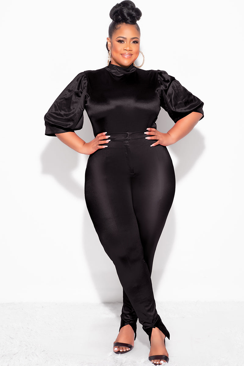 Final Sale Plus Size 2pc Satin Puffy Short Sleeve Bodysuit and Pants Set in Black