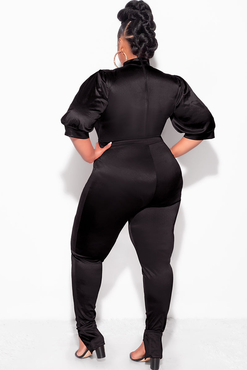 Final Sale Plus Size 2pc Satin Puffy Short Sleeve Bodysuit and Pants Set in Black