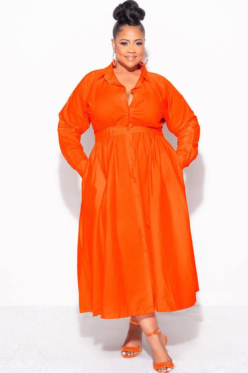 Final Sale Plus Size Long Sleeve Collar Button Up Dress in Orange Poplin