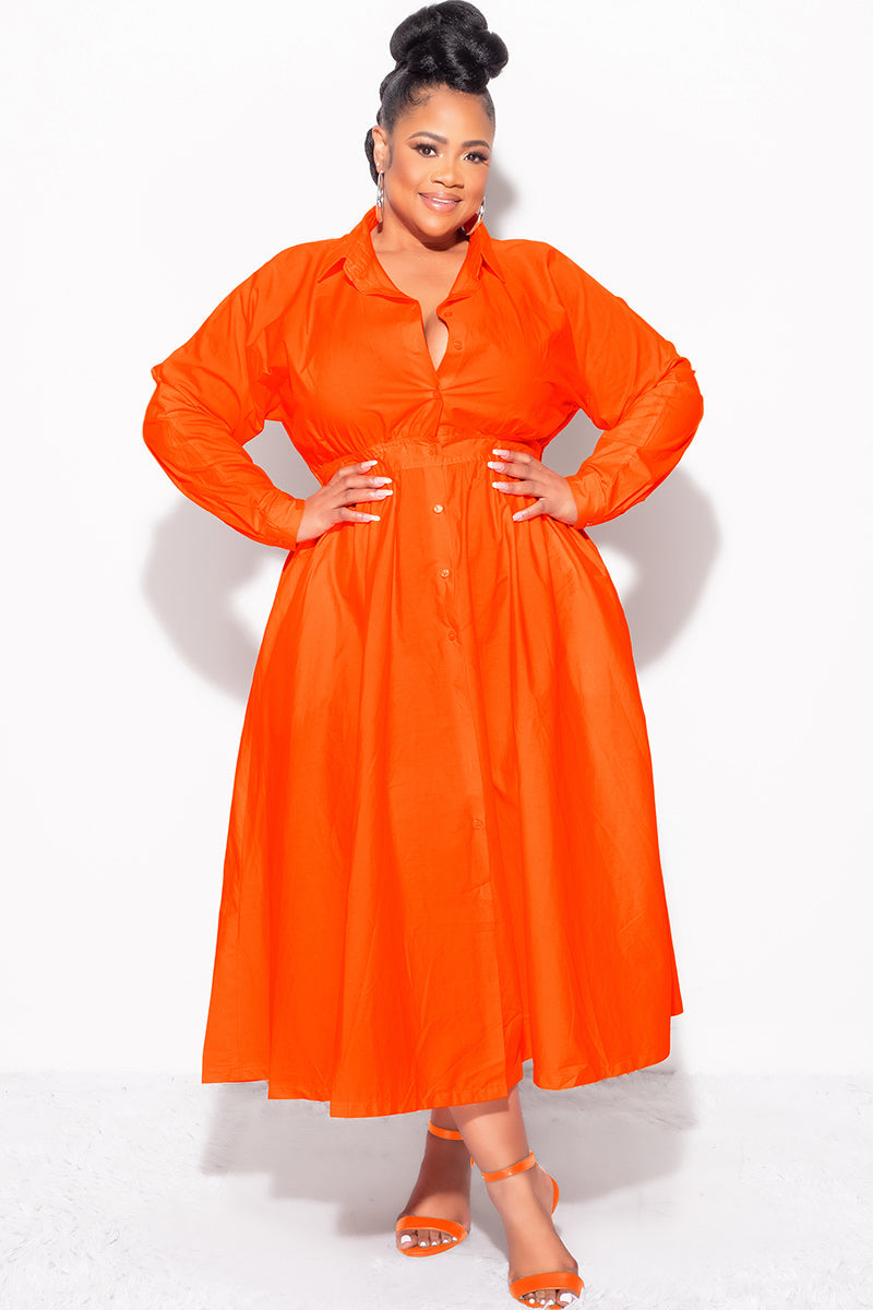 Final Sale Plus Size Long Sleeve Collar Button Up Dress in Orange Poplin