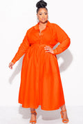 Final Sale Plus Size Long Sleeve Collar Button Up Dress in Orange Poplin