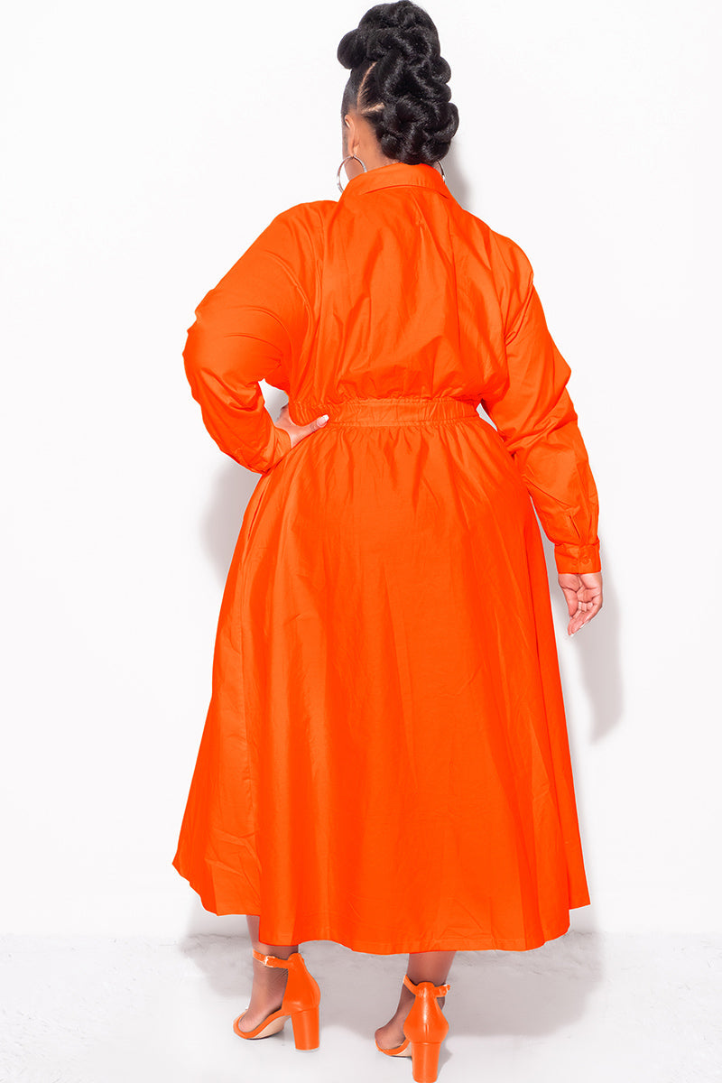 Final Sale Plus Size Long Sleeve Collar Button Up Dress in Orange Poplin