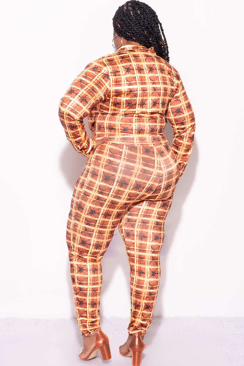 Final Sale Plus Size 2-Piece Sleeve Crop Tie Top and High Waist Pants in Rust and Yellow Waffle Print