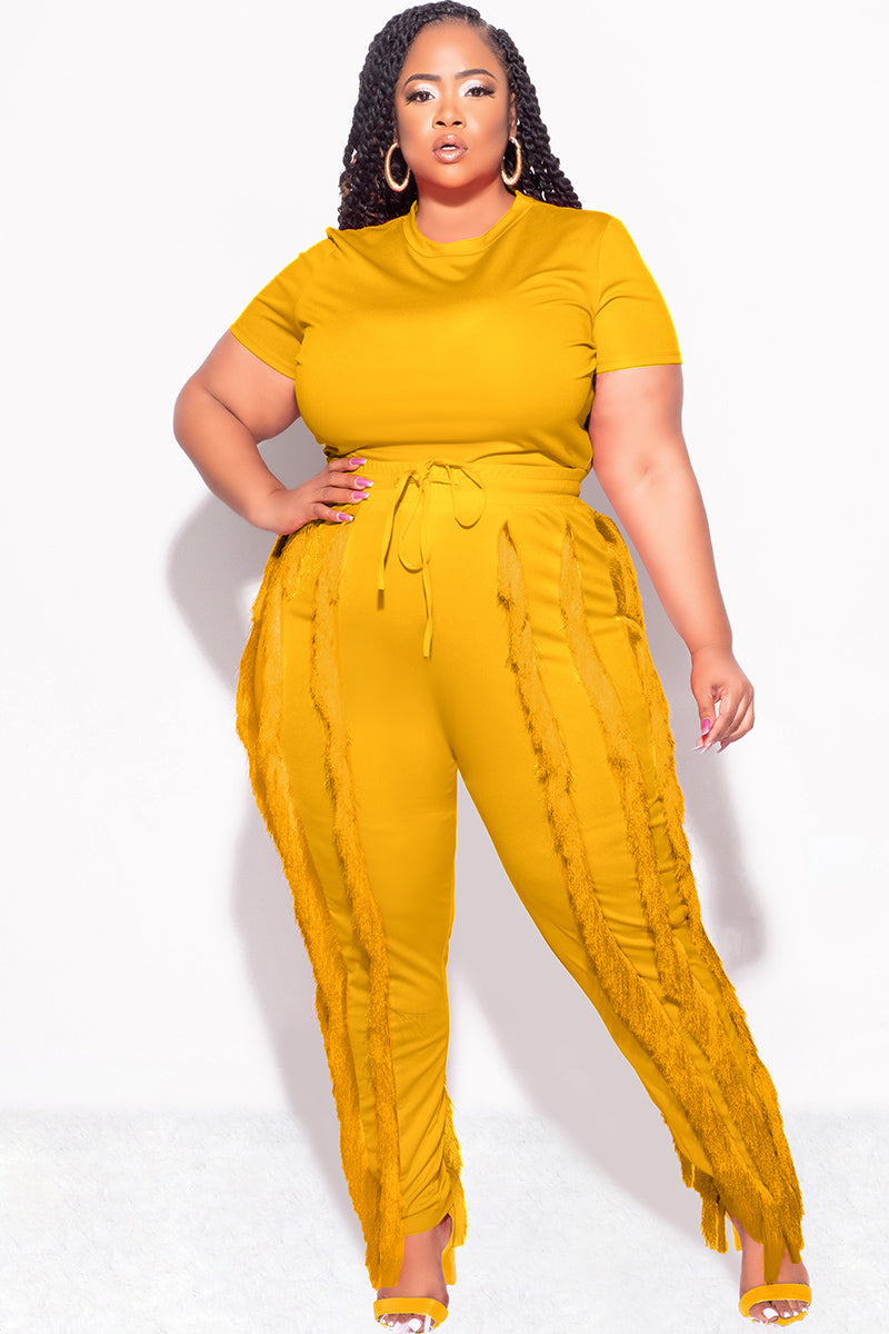 Final Sale Plus Size 2pc Tassel Pant Set in Mustard