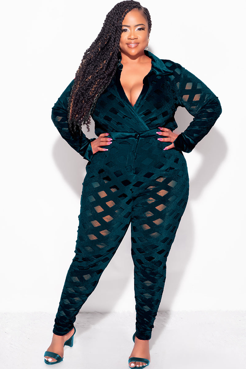 Final Sale Plus Size 2Pc Velvet Pants & Long Sleeve Bodysuit in Dark Green