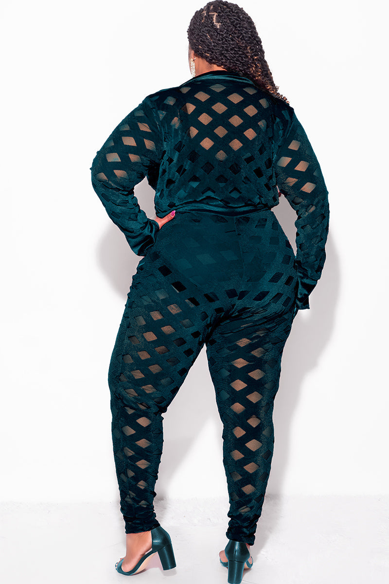 Final Sale Plus Size 2Pc Velvet Pants & Long Sleeve Bodysuit in Dark Green