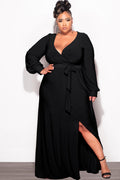 Final Sale Plus Size Faux Wrap Maxi Dress with Side Slit in Black