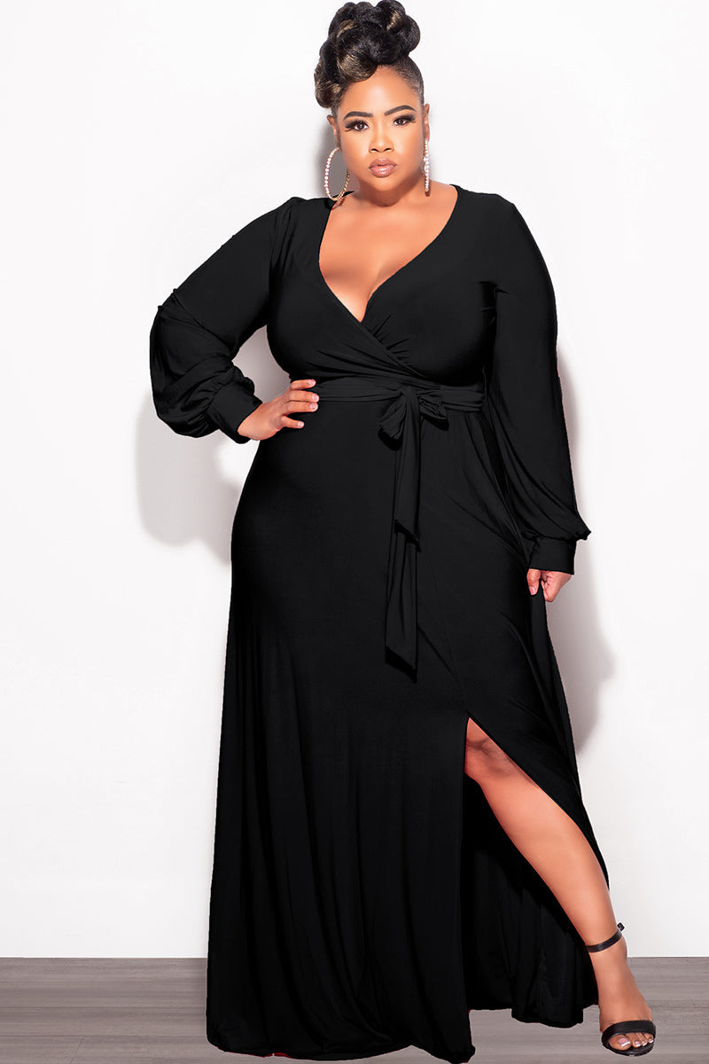 Final Sale Plus Size Faux Wrap Maxi Dress with Side Slit in Black