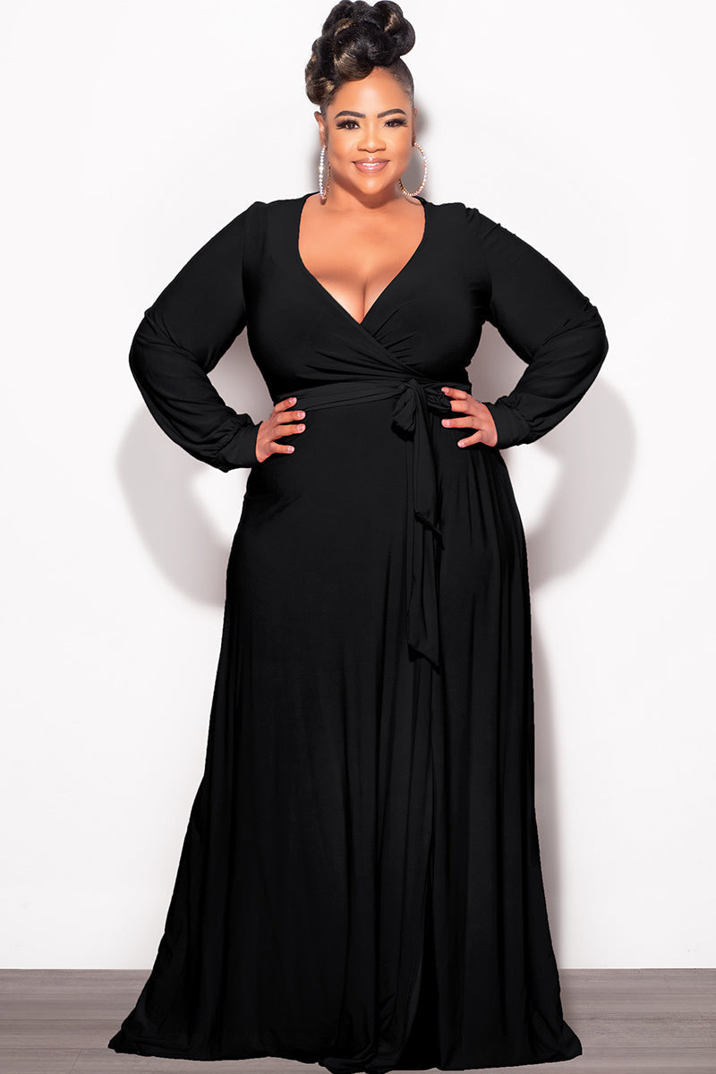 Final Sale Plus Size Faux Wrap Maxi Dress with Side Slit in Black