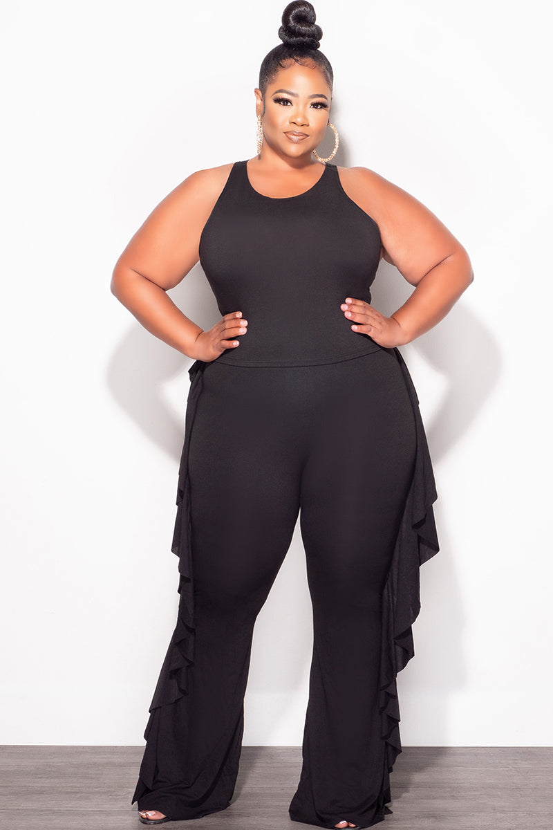 Final Sale Plus Size 2pc Sleeveless Crop Top and Ruffle Trim Pants in Black