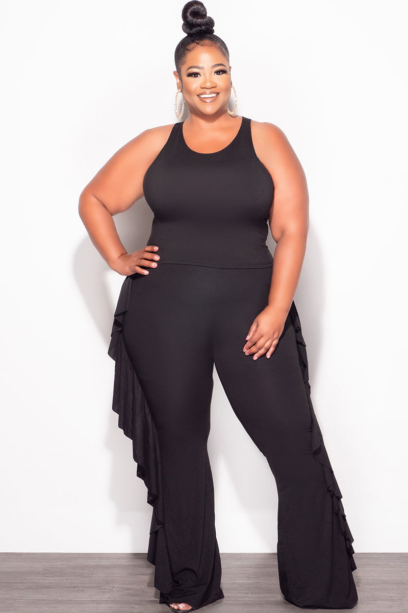 Final Sale Plus Size 2pc Sleeveless Crop Top and Ruffle Trim Pants in Black