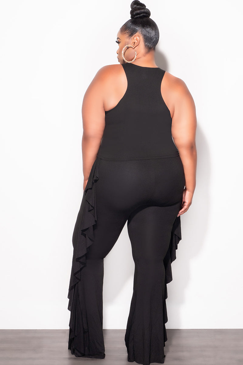 Final Sale Plus Size 2pc Sleeveless Crop Top and Ruffle Trim Pants in Black