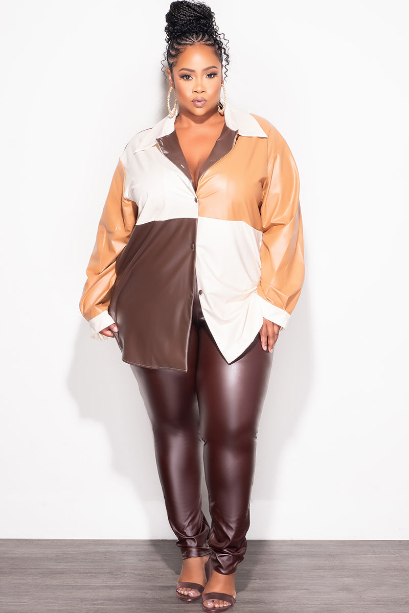 Final Sale Plus Size Colorblock Faux Leather  Button Up Top in Brown, Camel & Tan
