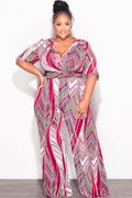 Final Sale Plus Size Deep V Jumpsuit with Tie in Burgundy Multi Color Print