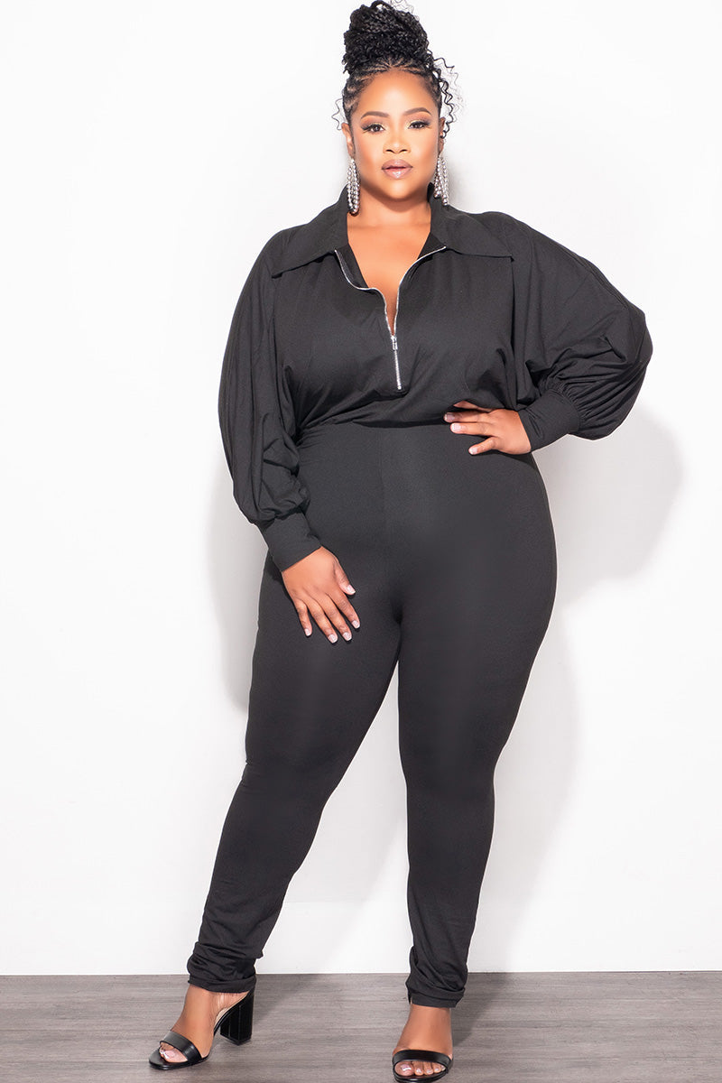 Final Sale Plus Size Collar Zip Up Jumpsuit in Black
