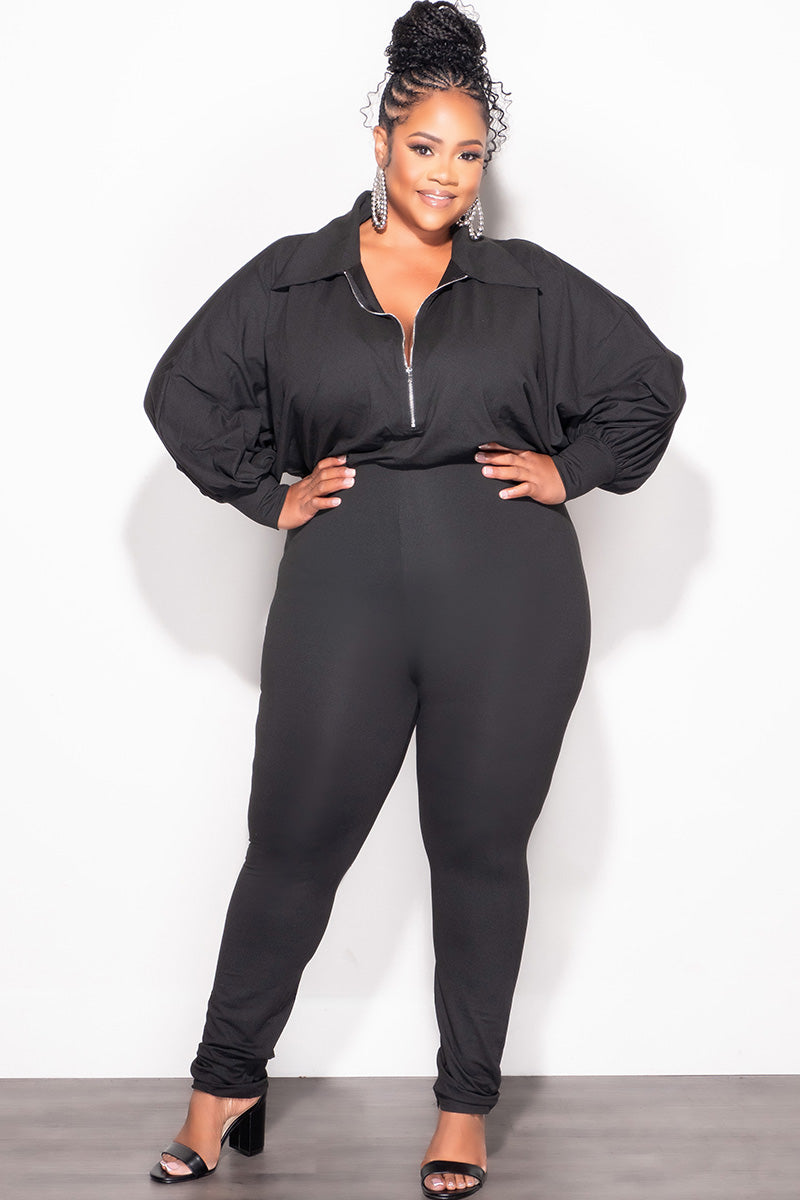 Final Sale Plus Size Collar Zip Up Jumpsuit in Black
