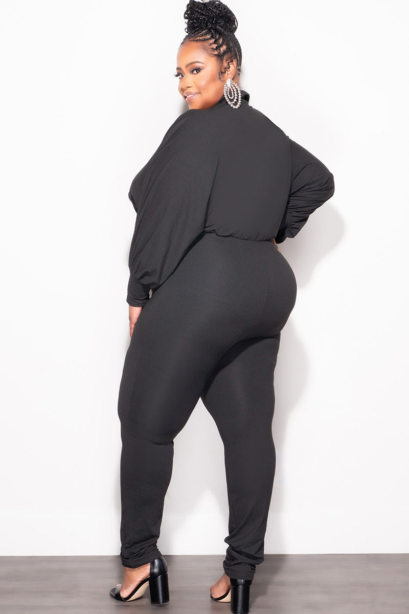 Final Sale Plus Size Collar Zip Up Jumpsuit in Black