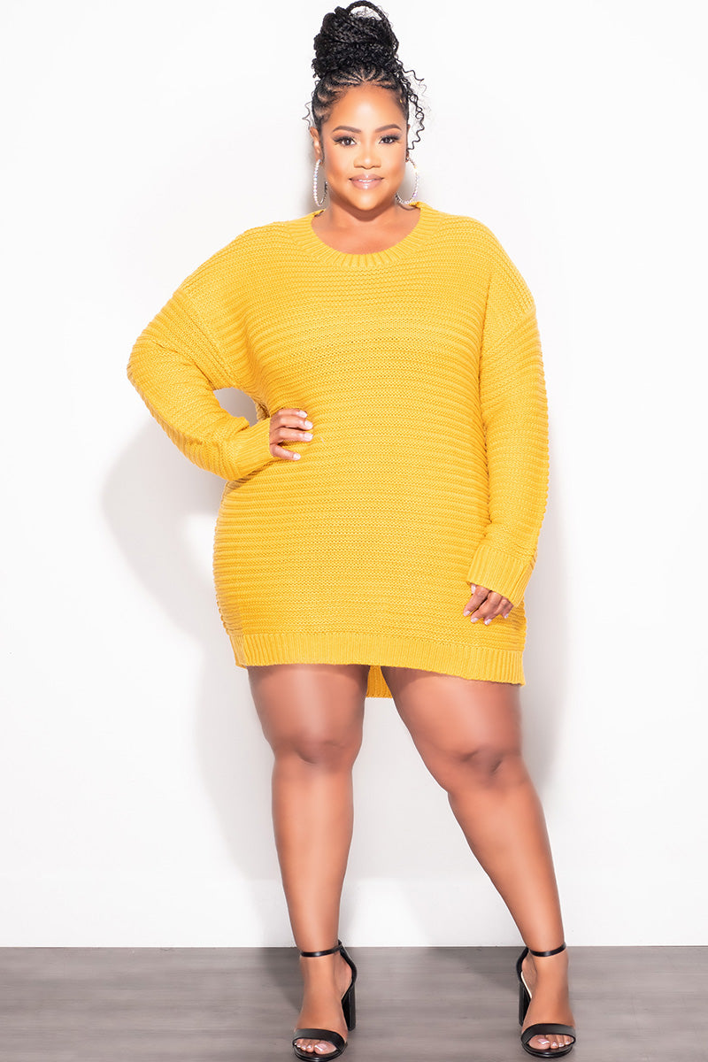 Final Sale Plus Size Long Sleeve Round Neck Knitted Tunic / Dress in Mustard