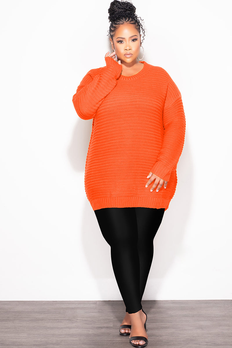 Final Sale Plus Size Long Sleeve Round Neck Knitted Tunic Dress in Neon Coral