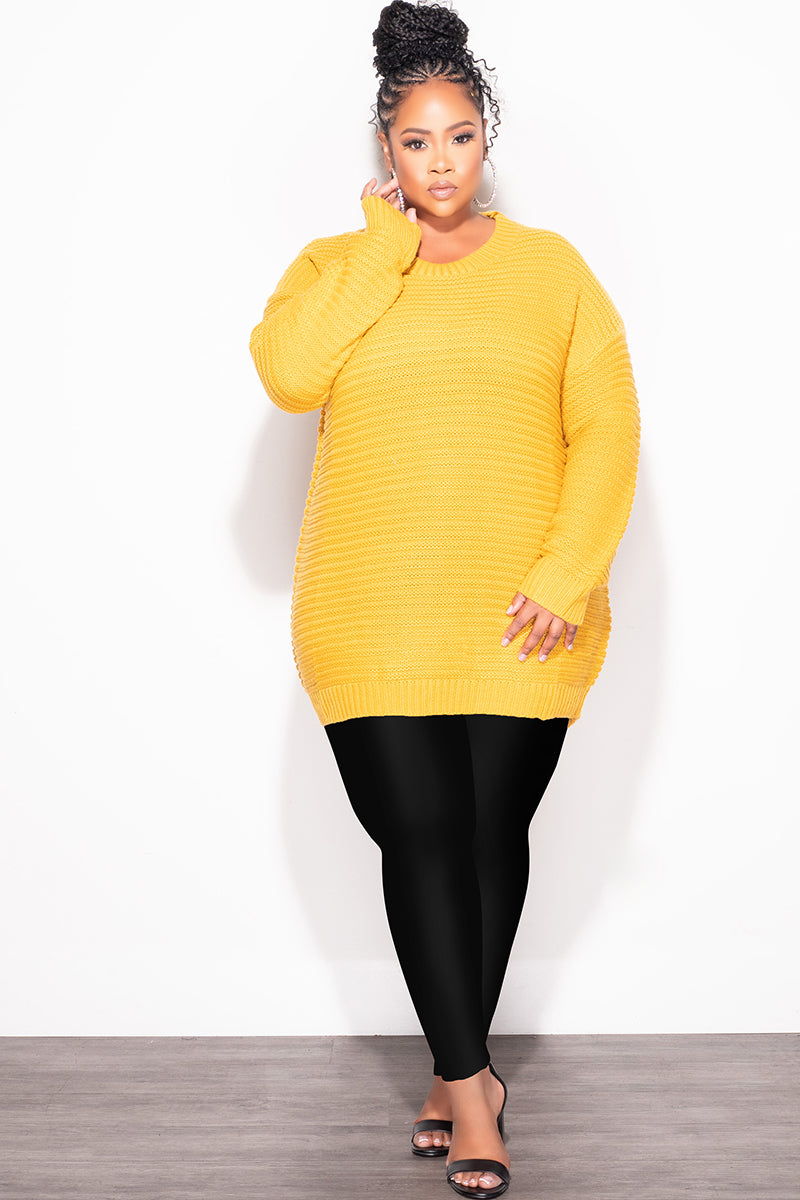 Final Sale Plus Size Long Sleeve Round Neck Knitted Tunic / Dress in Mustard