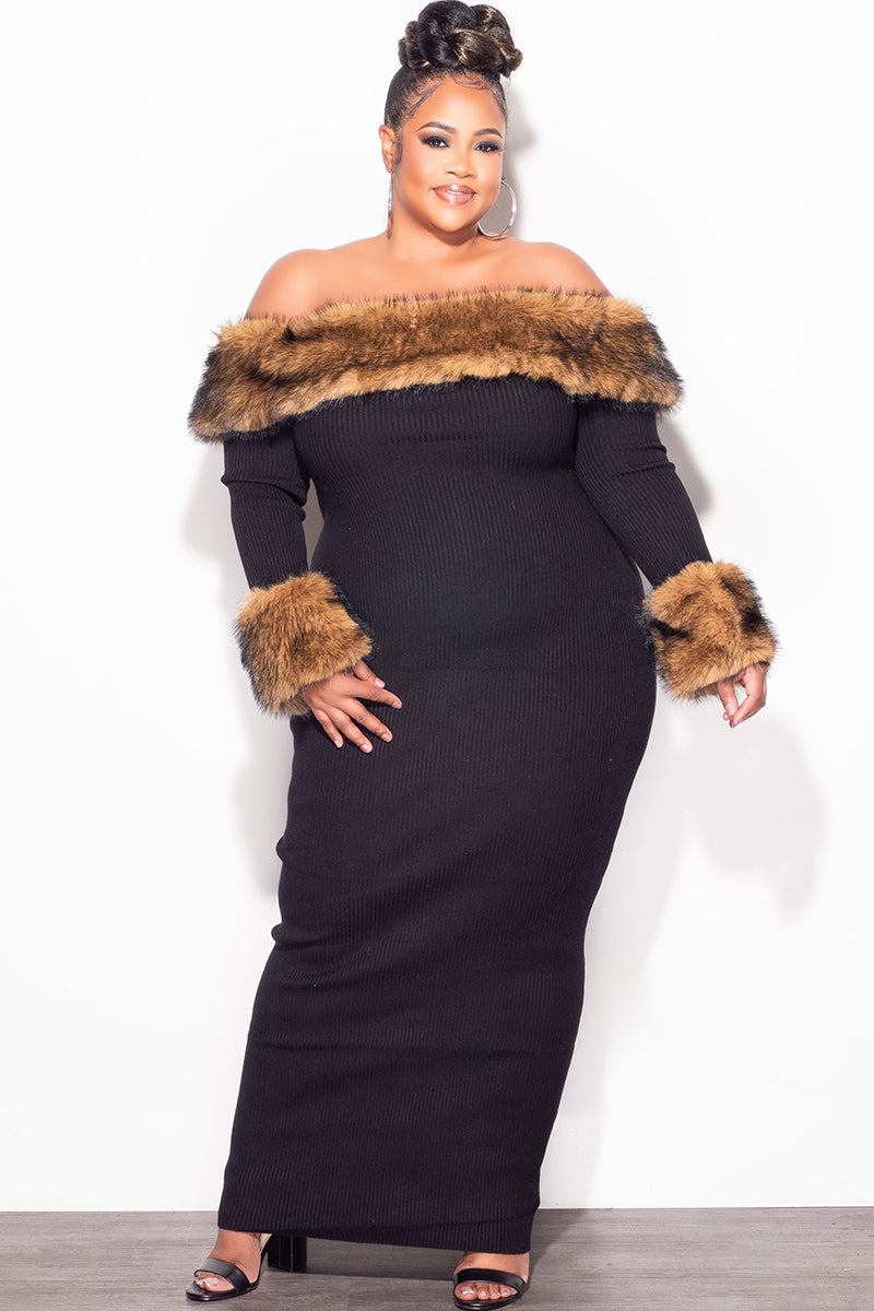 Final Sale Plus Size Ribbed Midi Sweater Dress with Faux Fur Trim in Brown and Black