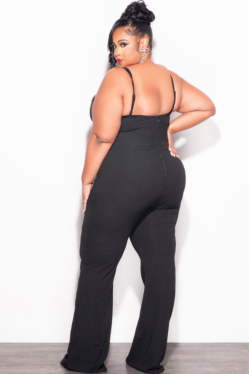 Final Sale Plus Size Sleeveless Rhinestone Bow Jumpsuit in Black