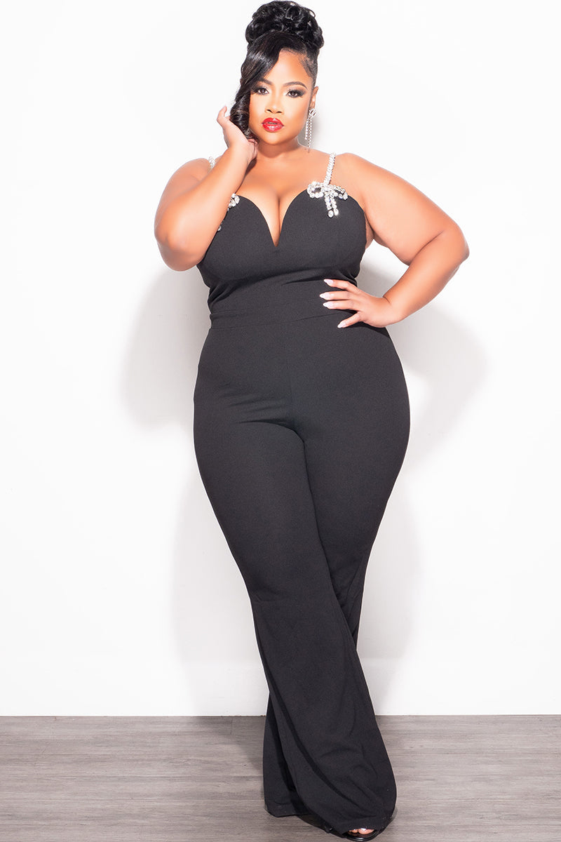 Final Sale Plus Size Sleeveless Rhinestone Bow Jumpsuit in Black