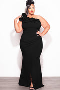 Final Sale Plus Size One Shoulder Ruffle Trim Gown with Front Slit in Black