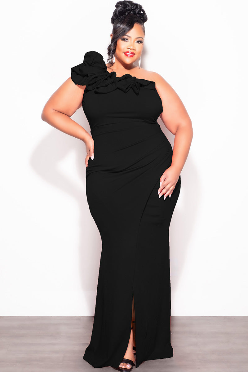 Final Sale Plus Size One Shoulder Ruffle Trim Gown with Front Slit in Black