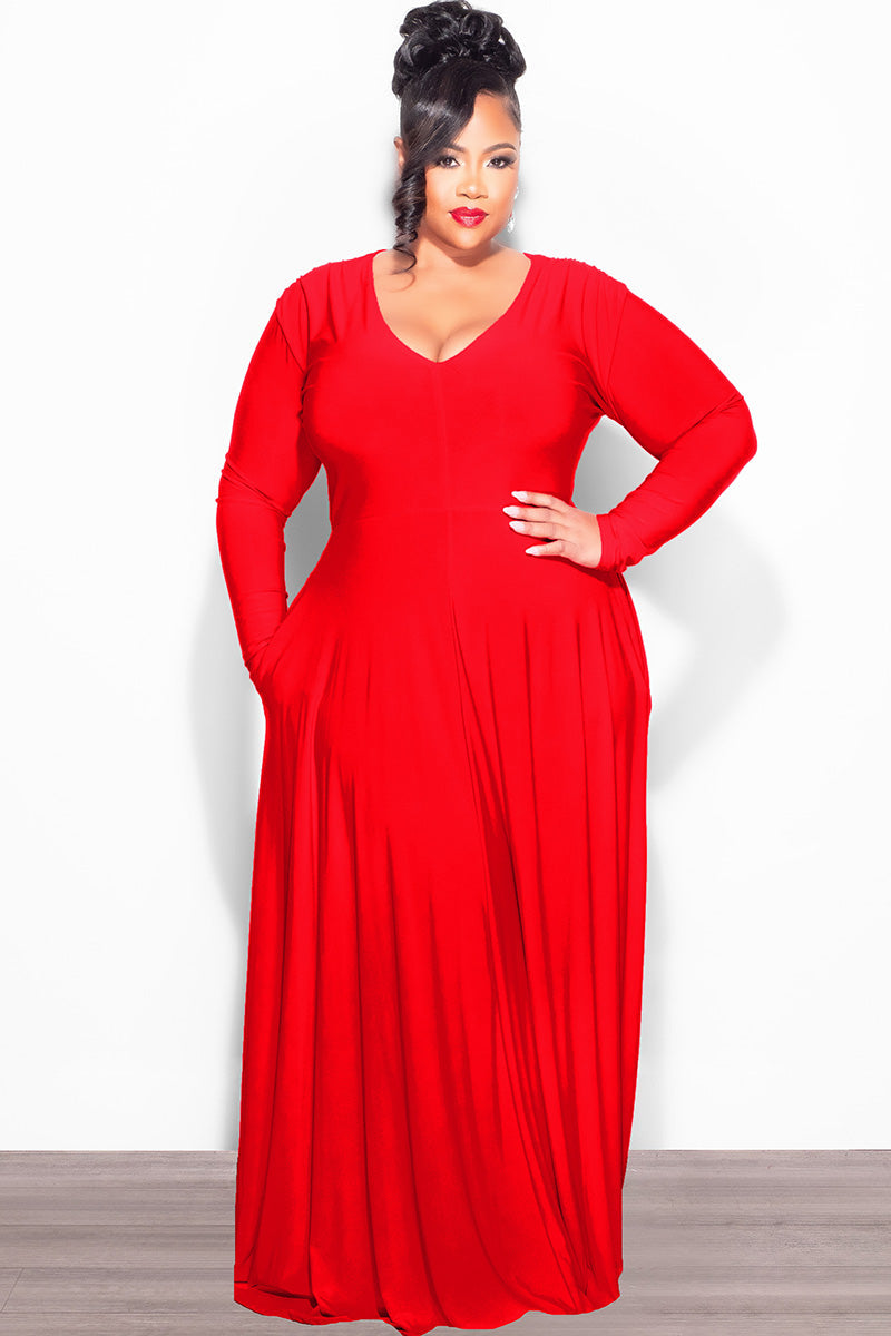 Final Sale Plus Size Long Sleeve Gown with V-Neck in Red