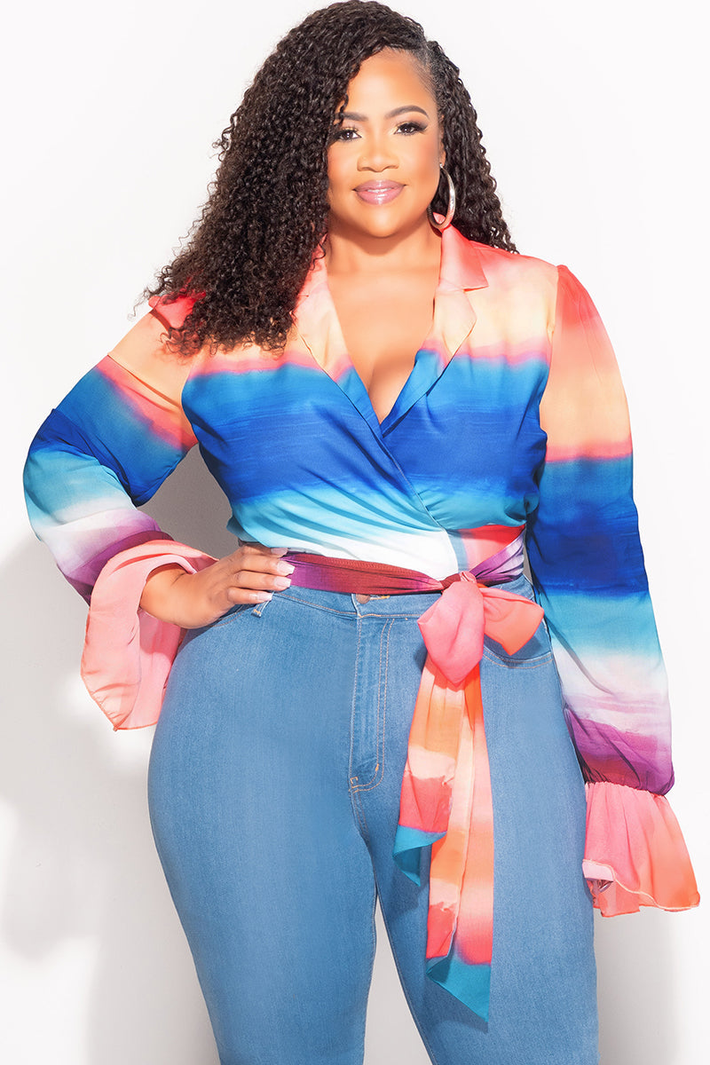 Final Sale Plus Size Wrap Crop Top In Multi-Color Print