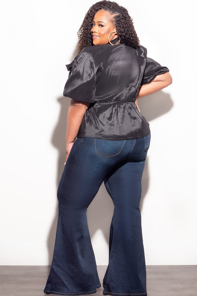 Final Sale Plus Size Short Sleeve Bow Neck Top in Black