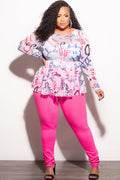 Final Sale Plus Size Mesh Peplum Top in Pink & Blue Multi-Color