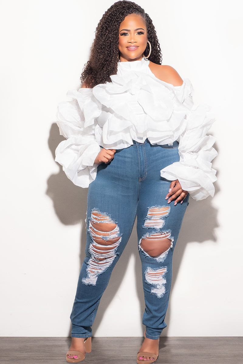 Final Sale Plus Size Cold Shoulder Ruffle Layered Top in White