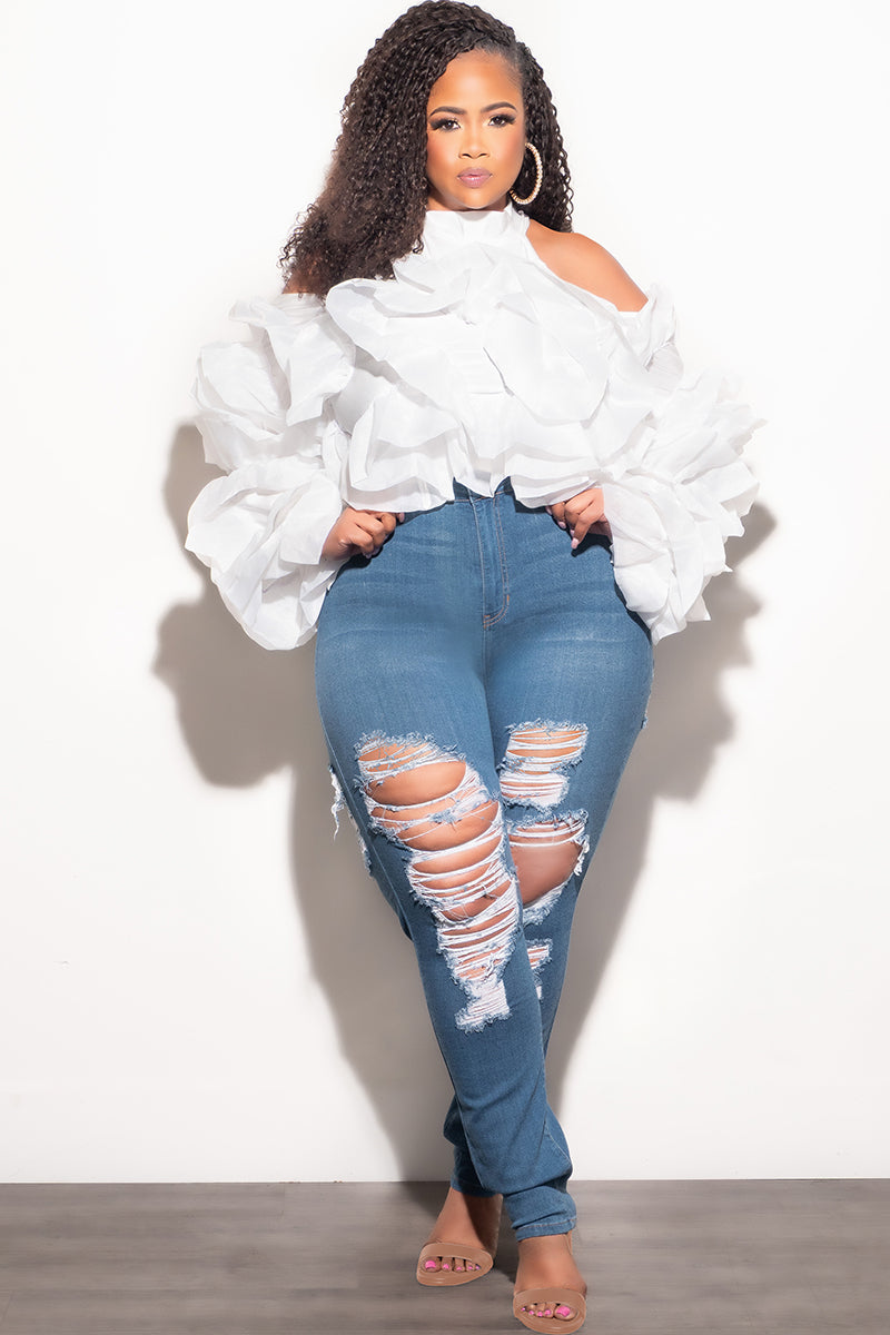 Final Sale Plus Size Cold Shoulder Ruffle Layered Top in White