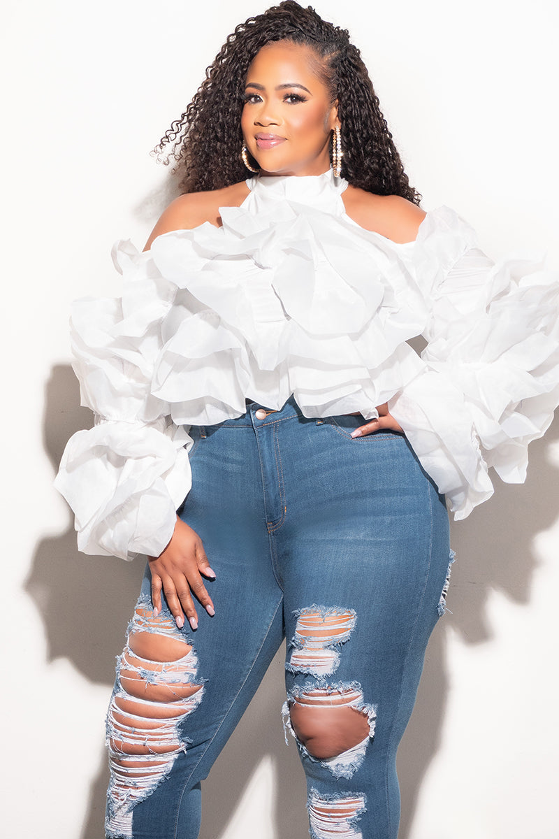 Final Sale Plus Size Cold Shoulder Ruffle Layered Top in White