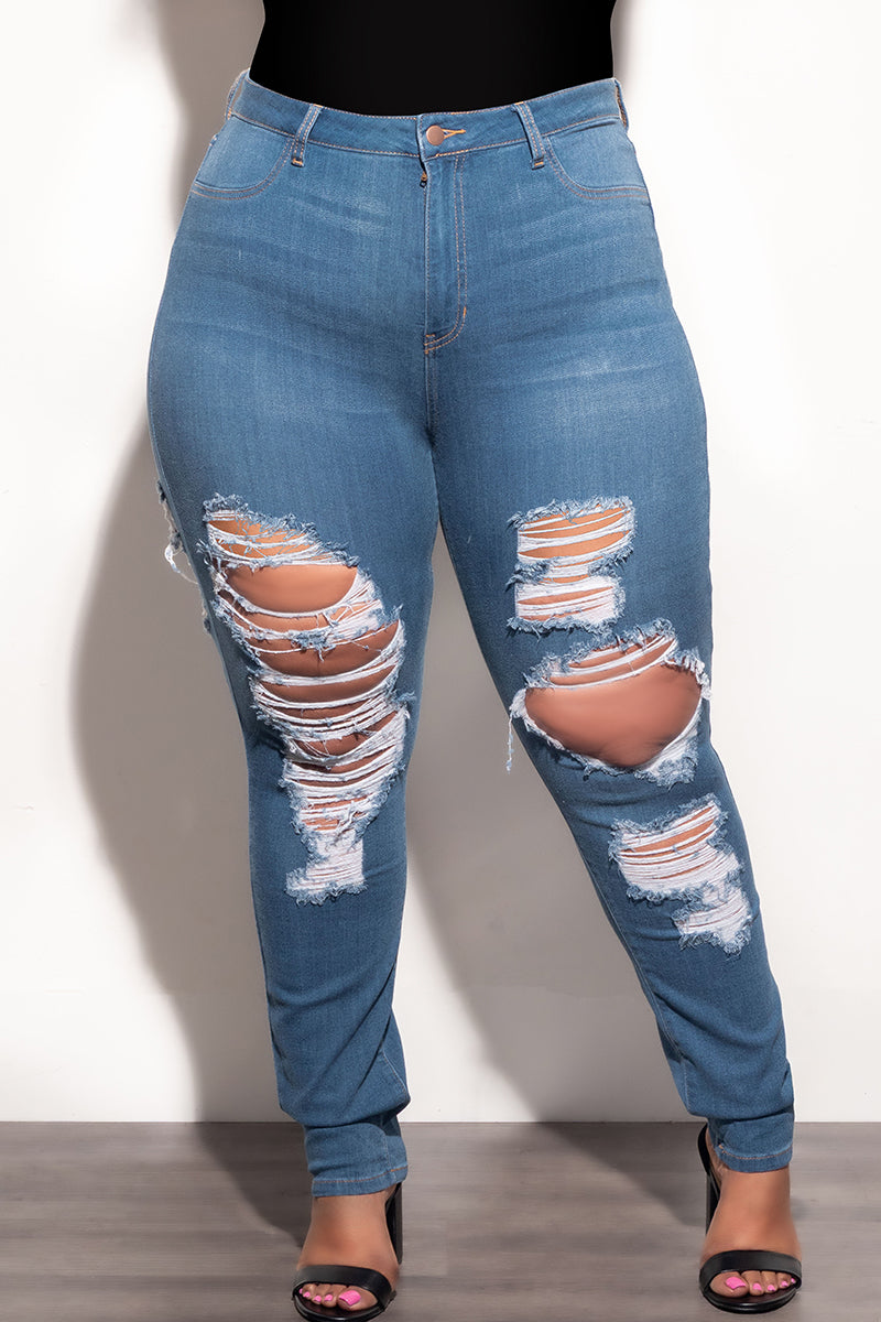 Final Sale Plus Size Distressed Jeans in Denim
