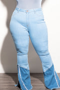 Final Sale Plus Size High Waist ColorBlock Flare Split Jeans in Denim