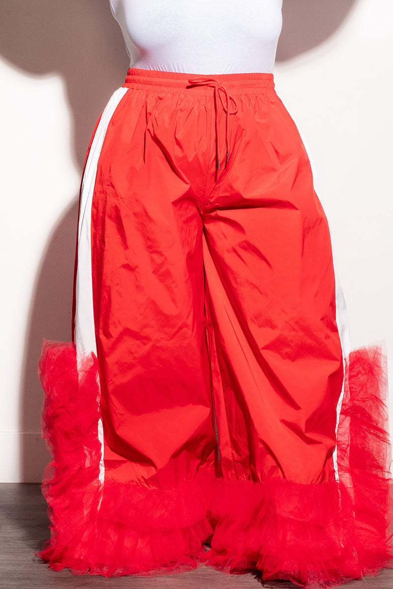 Final Sale Plus Size Oversized Windbreaker Wide Leg Pants with Tulle Bottom in Red and White