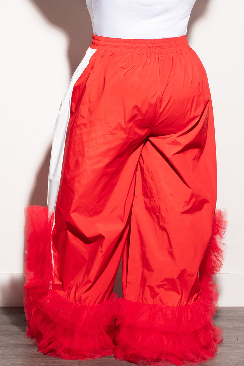 Final Sale Plus Size Oversized Windbreaker Wide Leg Pants with Tulle Bottom in Red and White
