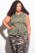 Final Sale Plus Size Faux Linen Button Up Vest in Olive