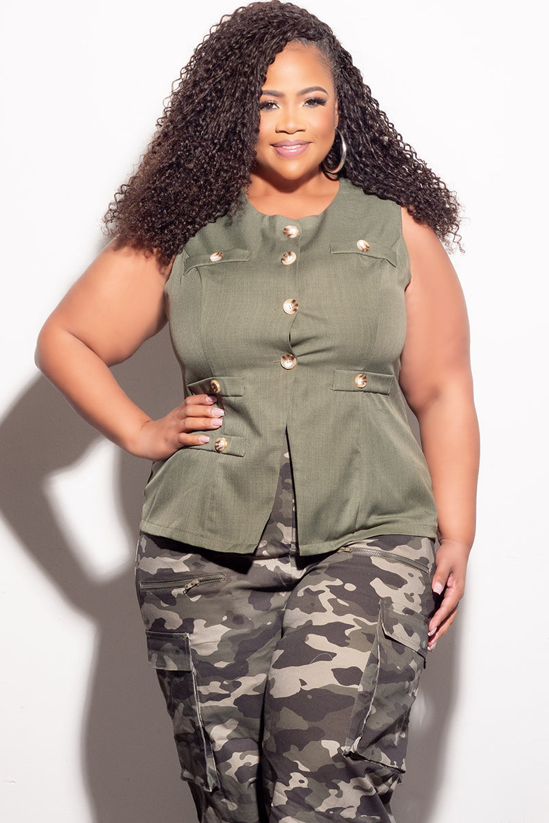 Final Sale Plus Size Faux Linen Button Up Vest in Olive
