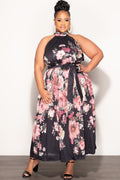 Final Sale Plus Size Halter Dress in Black & Mauve Pink Multi-Color Floral Print