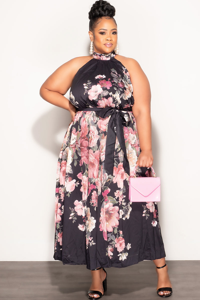 Final Sale Plus Size Halter Dress in Black & Mauve Pink Multi-Color Floral Print