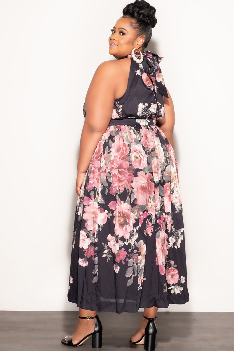 Final Sale Plus Size Halter Dress in Black & Mauve Pink Multi-Color Floral Print